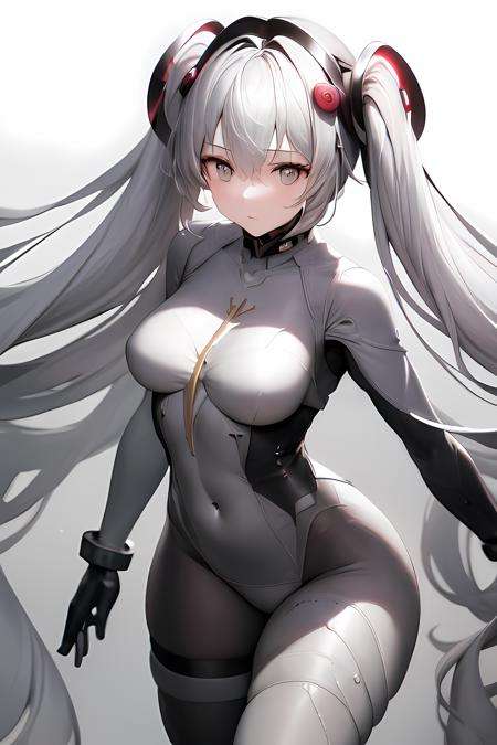 masterpiece, best quality, 1girl, bangs, white bodysuit, breasts, floating_hair, gradient, gradient_background, grey_background, hair_between_eyes, hair_ornament, leaning_forward, long_hair, looking_at_viewer, medium_breasts, solo, very_long_hair, white_hair,<lora:Luna:0.6>