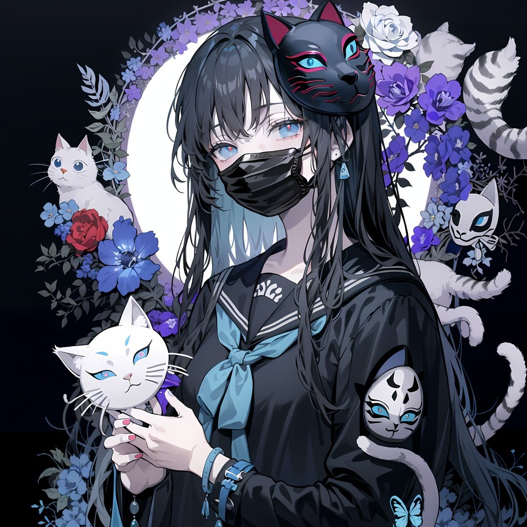 (official art,unity 8k wallpaper,ultra detailed,High quality,best quality), (zentangle, mandala, tangle, entangle:0.6),(blue black),flat color,limited palette,low contrast,(1girl:1.5),solo,serafuku,long straight black hair,lycoris flower,(goat skull:1.),(horror),(gloomy),(blue pigment:1.33),(cat mask:1.3),(hollow eyes:1.),(expressionless eyes:1.3),