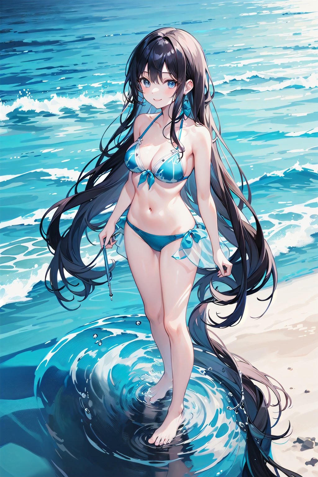 masterpiece, best quality, 1girl, bare_shoulders, barefoot, bikini, black_hair, breasts, jewelry, long_hair, ocean, see-through, smile, solo, standing, standing_on_liquid, swimsuit, very_long_hair, wading, water,