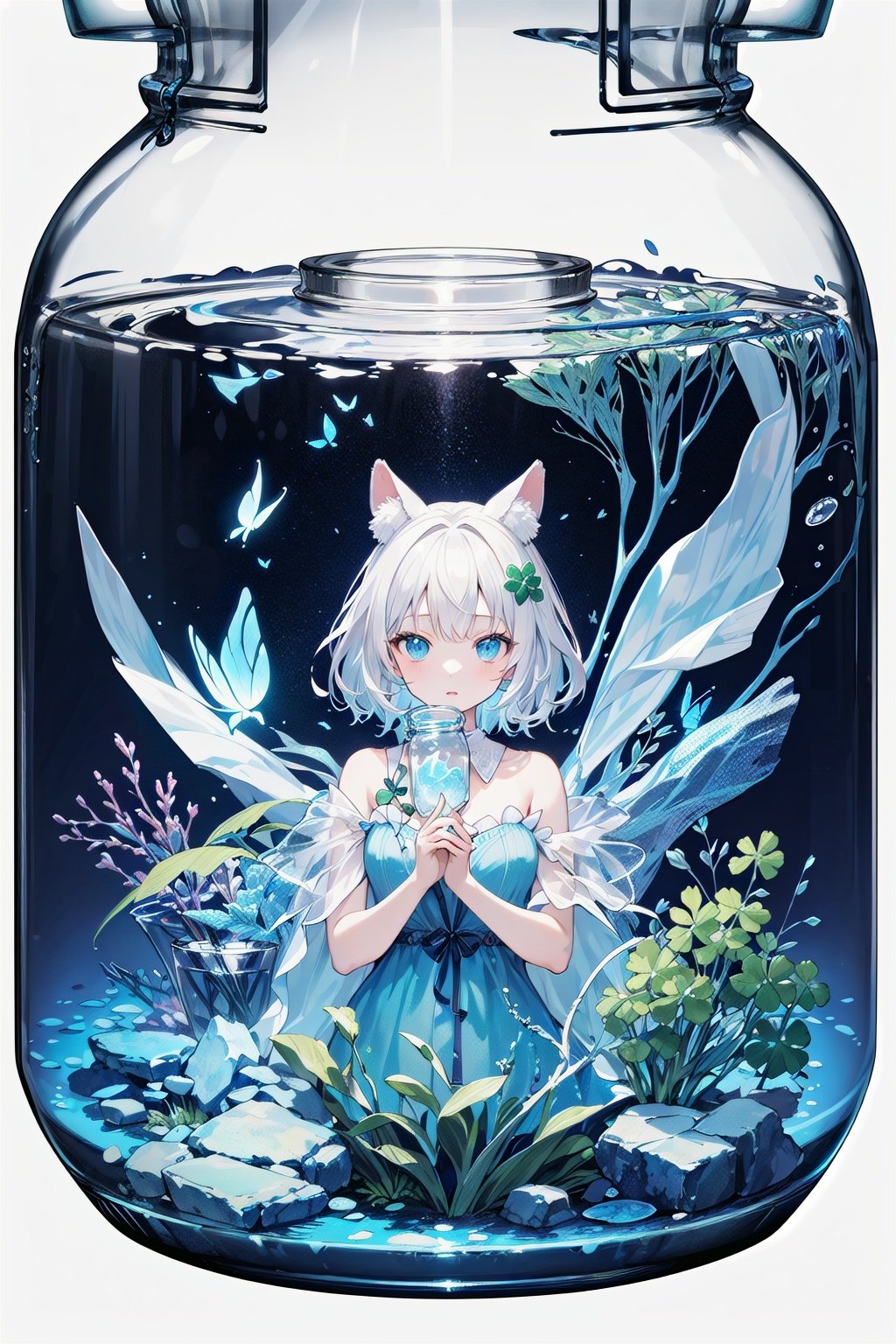 ((masterpiece))),(((best quality))),ultra-detailed,(highres),(official art),[(white background:1.45)::5],(transparent background:1.3),(Cinematic Lighting)girl,fake animal ears,clover themeplant,ice, underwater,butterfly,(glass jar:1.15), (girl in jar:1.35)