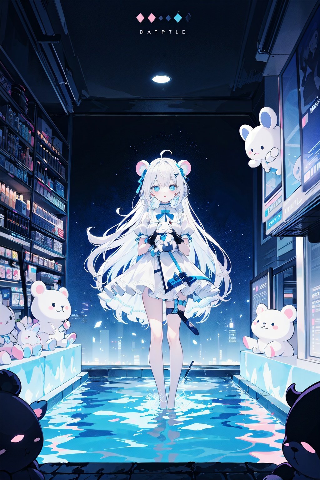 night pool,a woman standing surrounded by a lot of stuffed animals, in the style of luminous palette, kawaii art, darkly detailed, kidcore, dark white and blue, neon installations, ratcore