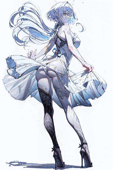 masterpiece, best quality, 1girl,tattoo <lora:WhiteShade:1>legwear,leg tattoo,white background, full body,dress,solo,ass,white hair