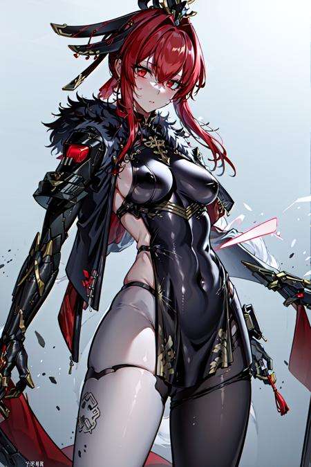 masterpiece, best quality, 1girl, <lora:CyberChinese2:1>,fur trim, long hair,jacket,red hair,  white background,medium breasts,bodysuit,pantyhose,chinese clothes,cowboy shot,  <lora:PAS:0.4>,light particles, mecha,hair ornament, 