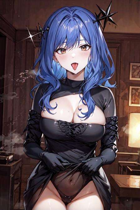 masterpiece, best quality, 1girl <lora:Alcana:0.6>,dress,,hair ornament,  brown eyes,black gloves,,blue hair, ,tongue out, heavy breathing, steam