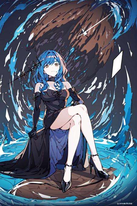 masterpiece, best quality, 1girl <lora:Alcana:0.8>,dress,,hair ornament, closed mouth, brown eyes,high heels,black gloves,,blue hair,<lora:Flat:0.8>