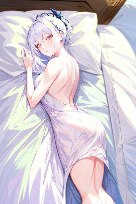 masterpiece, best quality, 1girl,   <lora:SeY-000010:1>,dress,looking at viewer, white hair,on back,lying