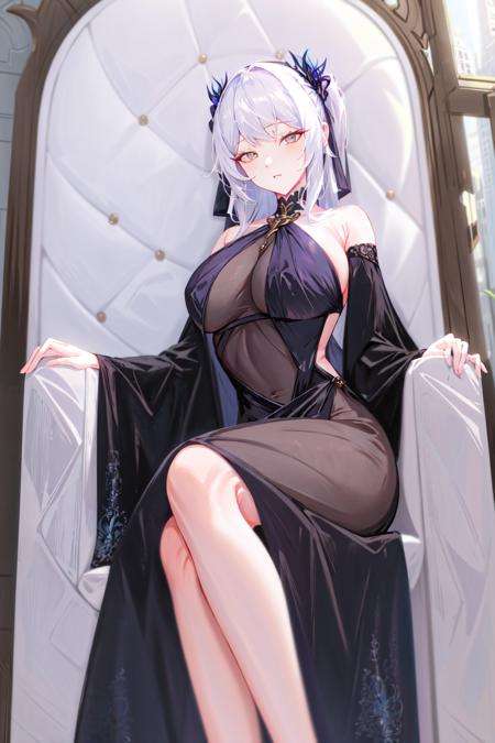 masterpiece, best quality, 1girl,   <lora:SeY-000010:1>,dress,looking at viewer, white hair,chair,crossed legs, 