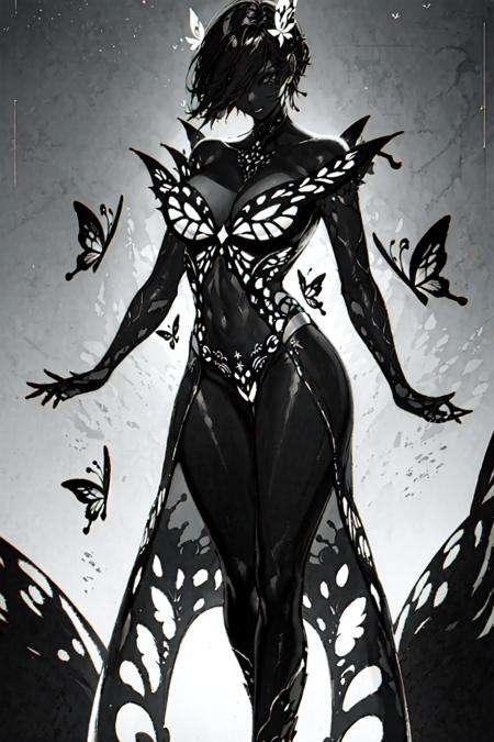 masterpiece, best quality, 1girl,monochrome,glowing, <lora:Dark-000010:1>,butterfly