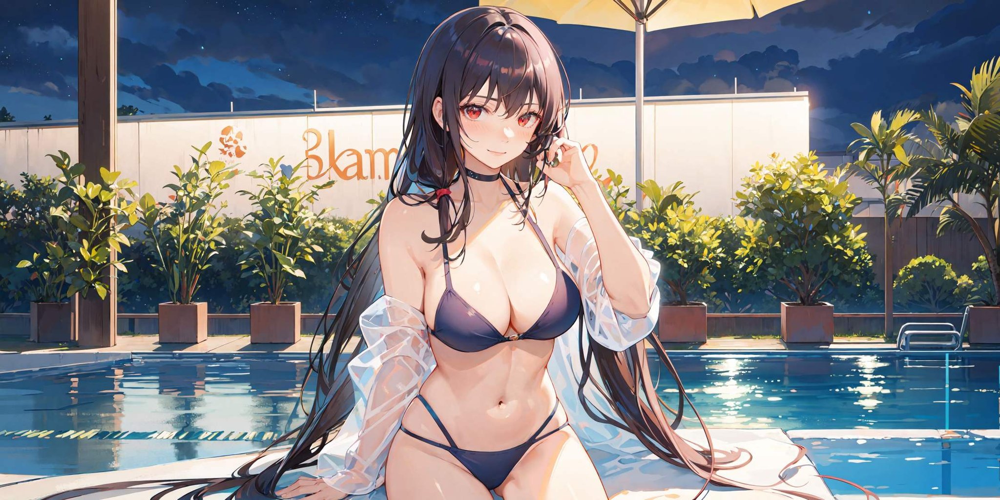 (Masterpiece:1.2, high quality), (pixiv:1.4), (1girl:1.2), (solo:1.2), (shenqi:0.6), ,kasumigaoka utaha,Mature female body,red eyeshadow,large breasts, swimsuit under clothes, white hairpin,red eyes,blush,smirk,out door,Swimming pool, top floor, (night:1.5), stars, lights, plants, potted plants, luxurious swimming pool,There are many beautiful girls in bikinis in the background<lora:kasumigaokaUtaha_v1:0.7>