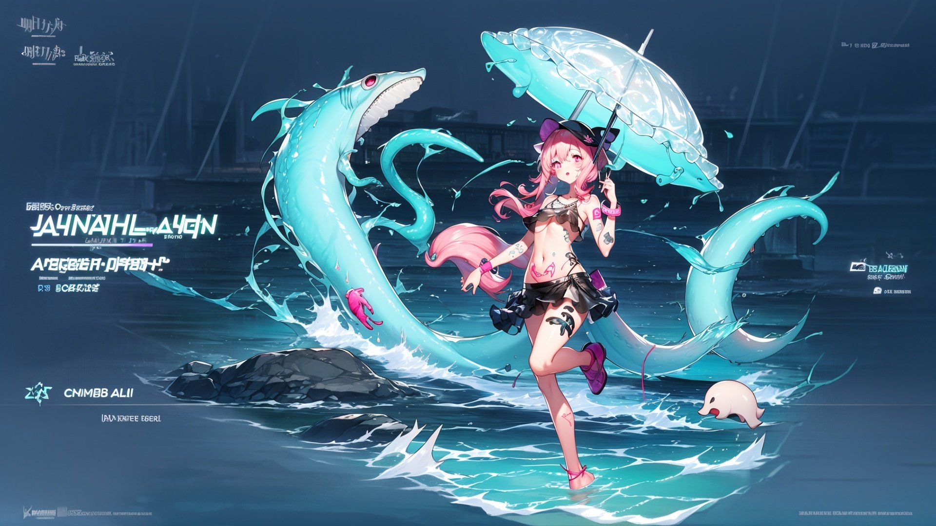 ((masterpiece)), (((best quality))),((beautiful detailed eyes)),(eyelash),(underboob),(Deep sea),Monster girl,(jellyfish),jellyfish girl,darkness,under the sea,(Jellyfish see-through hat),1 girl Wearing plastic exumbrella,subumbrella,long hair,pink eyes,Light pink hair,Shiny skin,oil,small breast,(transparent body,transparent hair,Tentacle,Tentacle leg,),Deep sea girl,extremely detailed CG unity 8k wallpaper,masterpiece, ((ultra-detailed)), ((illustration)),colorful,wallpaper,shark,Play with creatures in the sea,anglerfish,Suffocating,There is only a little sunlight passing through,Unknown terror,submerged,fish,((Deep-sea phobia)),body of jellyfish,plankton,[(detailed_(glowing_tattoo)_all_over_body_AND_hands_AND_legs:1.2)::0.7],(glowing body:1.25),(neon lights)