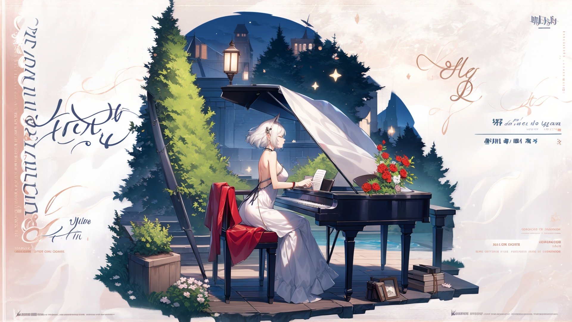 1girl, piano, instrument, dress, long hair, playing instrument, solo, music, white dress, sitting, water, sheet music, closed eyes, floating hair, sleeveless, sleeveless dress, white hair, bare shoulders, breasts, very long hair, bare arms, sky, night, bangs, from side, water drop, grand piano, medium breasts, closed mouth, long dress, profile, night sky