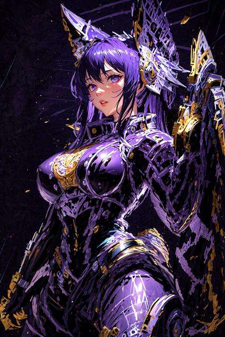 masterpiece, best quality, 1girl,purple theme, <lora:Mecha:1>