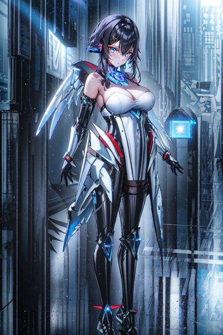 masterpiece, best quality, 1girl,mecha,light particles,  looking at viewer,  <lora:PAS-000012:1>,black_legwear