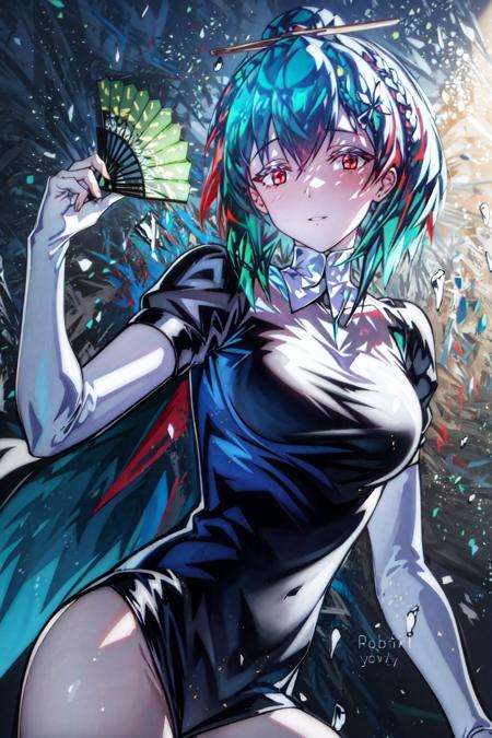 masterpiece, best quality, 1girl, <lora:Bao-000010:1>holding fan,fan,dress,red eyes,green hair,cape <lora:Hanying2:0.6>