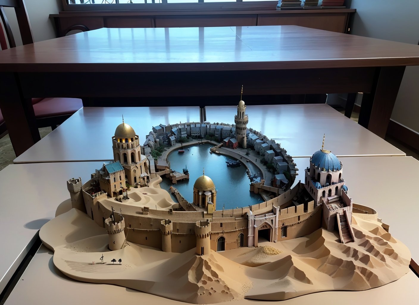 (Constantinople on table:1.3)(1 little castle of Constantinople on table:1.4), (Sand table, little city model:1.4), (little Castle model focus)(little castle on the table:1.3)(Wide table top, high table legs)[(Simple room background, Square wall paper):0.3]