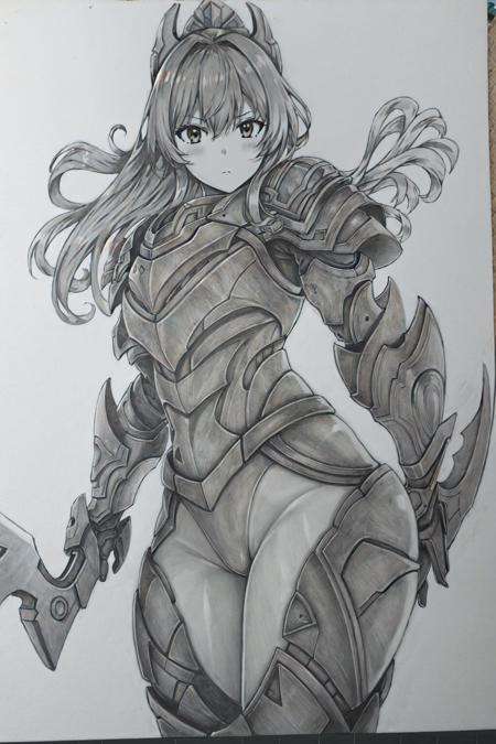 masterpiece, best quality, 1girl,hand_drawn,monochrome,armor, <lora:Greyscale-000014:1>