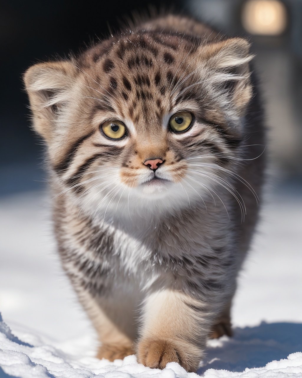 cut tusuncub walking in the snow, blurry, looking at viewer, depth of field, blurry background, full body, solo, (cute and lovely:1.4), Beautiful and realistic eye details, perfect anatomy, (Nonsense:1.4), (pure background:1.4), Centered-Shot, realistic photo, photograph, 4k, hyper detailed, DSLR, 24 Megapixels, 8mm Lens, Full Frame, film grain, Global Illumination, (studio Lighting:1.4), Award Winning Photography, diffuse reflection, ray tracing,tusun,tusuncub