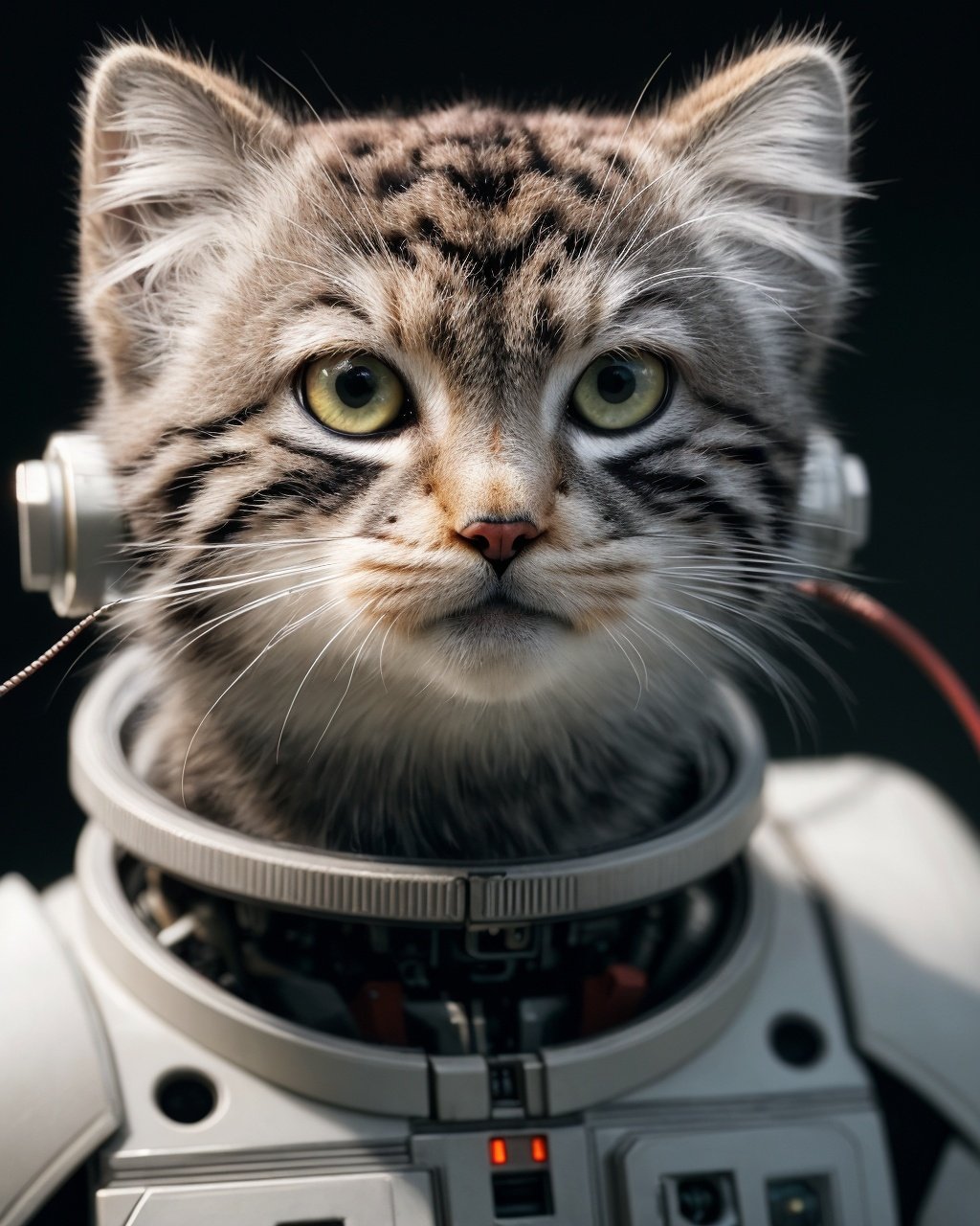 character design, (cyberpunk tusun kitten wearing astronaut suit), sci-fic, (realistic eye color and details), fluffy, big head, science fiction, communist ideology, Cyborg, fantasy, intense angle, soft lighting, (photograph, 4k, hyper detailed, portrait wallpaper, realistic, photo-realistic), DSLR, 24 Megapixels, Full Frame, vibrant details, octane render, finely detail, best quality, incredibly absurdres, robotic parts, rim light, vibrant details, luxurious cyberpunk, hyperrealistic, cable electric wires, microchip, full body