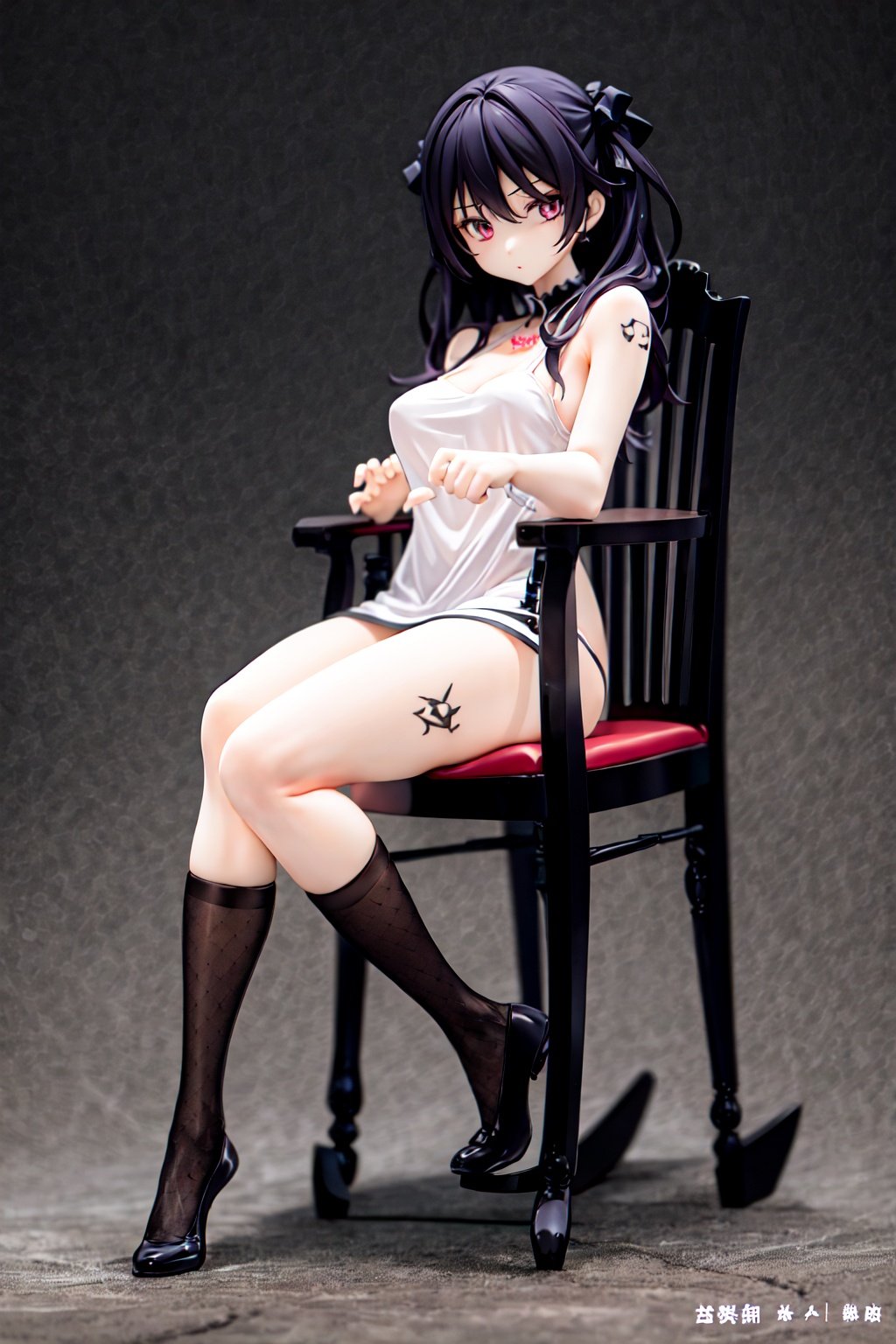 masterpiece, best quality, 1girl, <lora:PVC-000012:1>black legwear,looking at viewer,medium breasts,  tattoo, white background,dress,chair