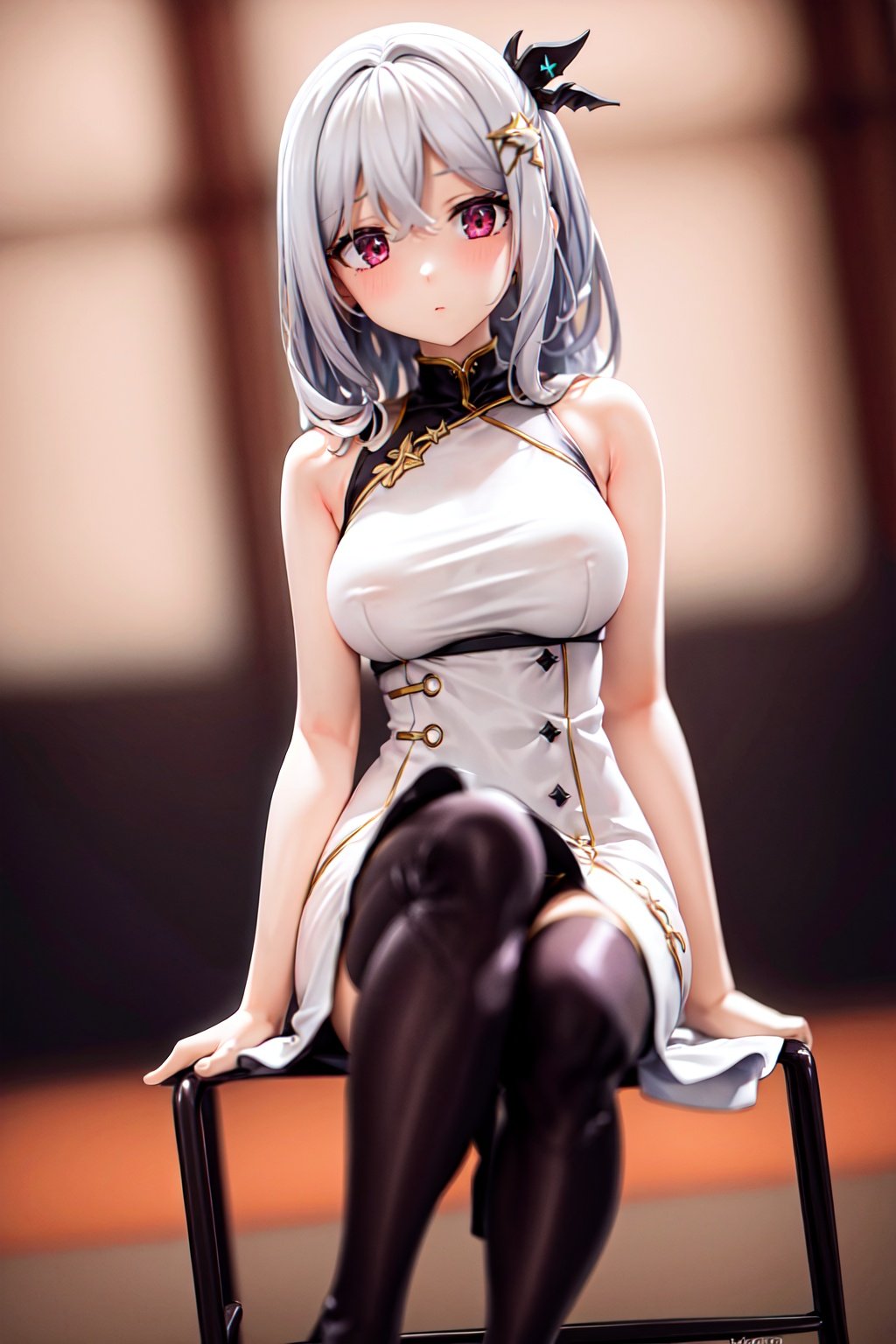 masterpiece, best quality, 1girl, <lora:PVC-000010:1>black legwear,looking at viewer,dress,kneeing,sitting,white hair,hair ornament, depth of field, medium breasts, 