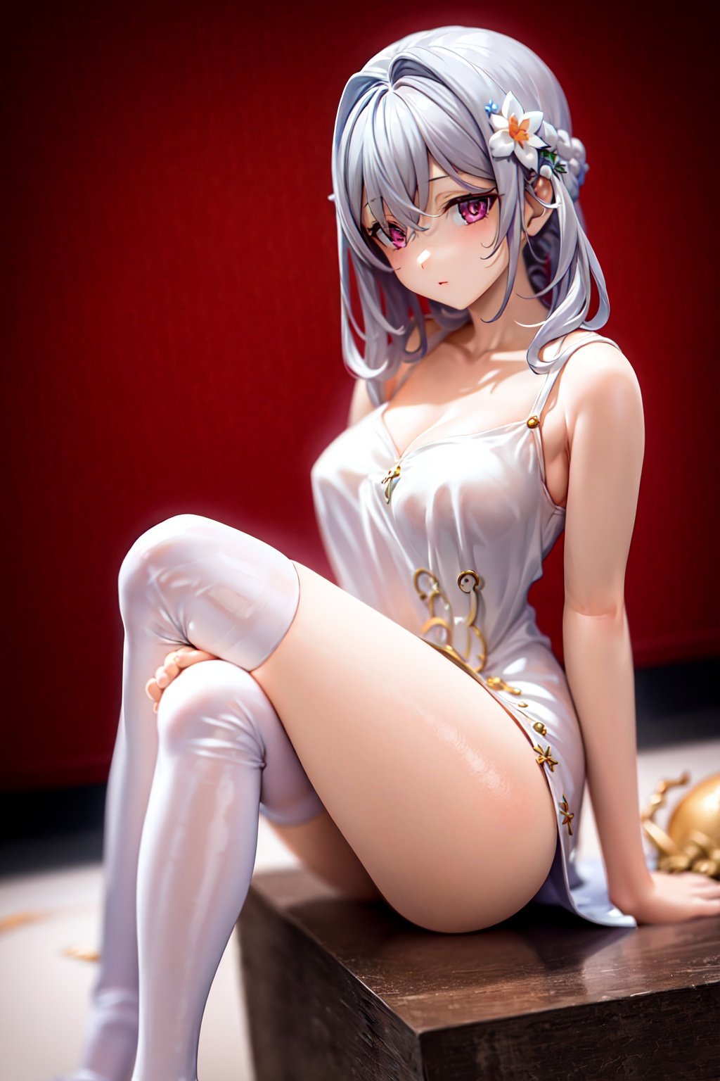 masterpiece, best quality, 1girl, <lora:PVC-000010:1>legwear,looking at viewer,dress,kneeing,sitting,white hair,hair ornament, depth of field, medium breasts, 