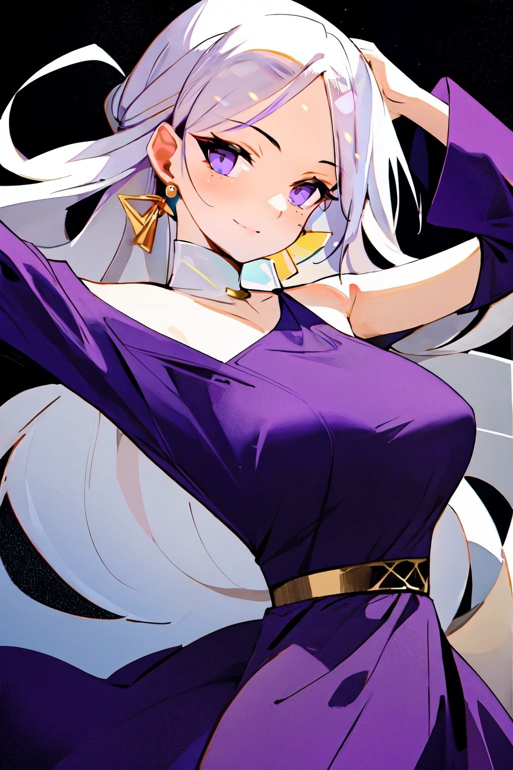 (best quality, masterpiece:1.2), 1girl, long white hair, purple clothes,  <lora:fashionstyle-000004:0.8>, upper body, dancing, 