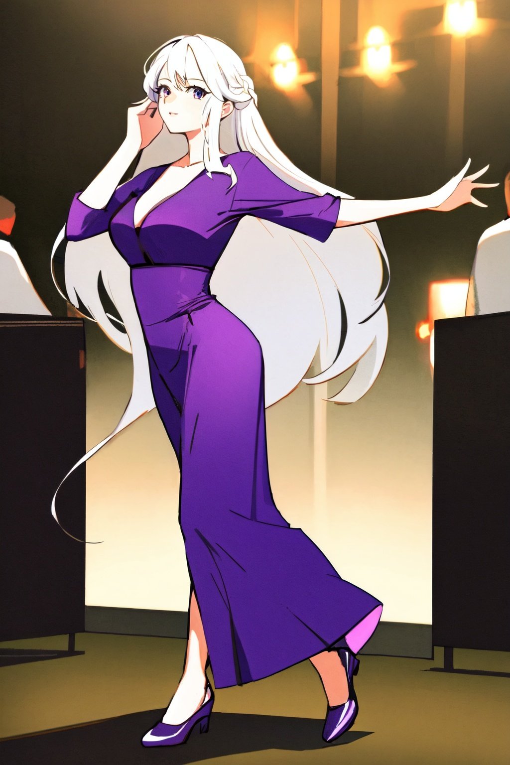 (best quality, masterpiece:1.2), 1girl, long white hair, purple clothes,  <lora:fashionstyle-000004:0.8>, full body, dancing, 