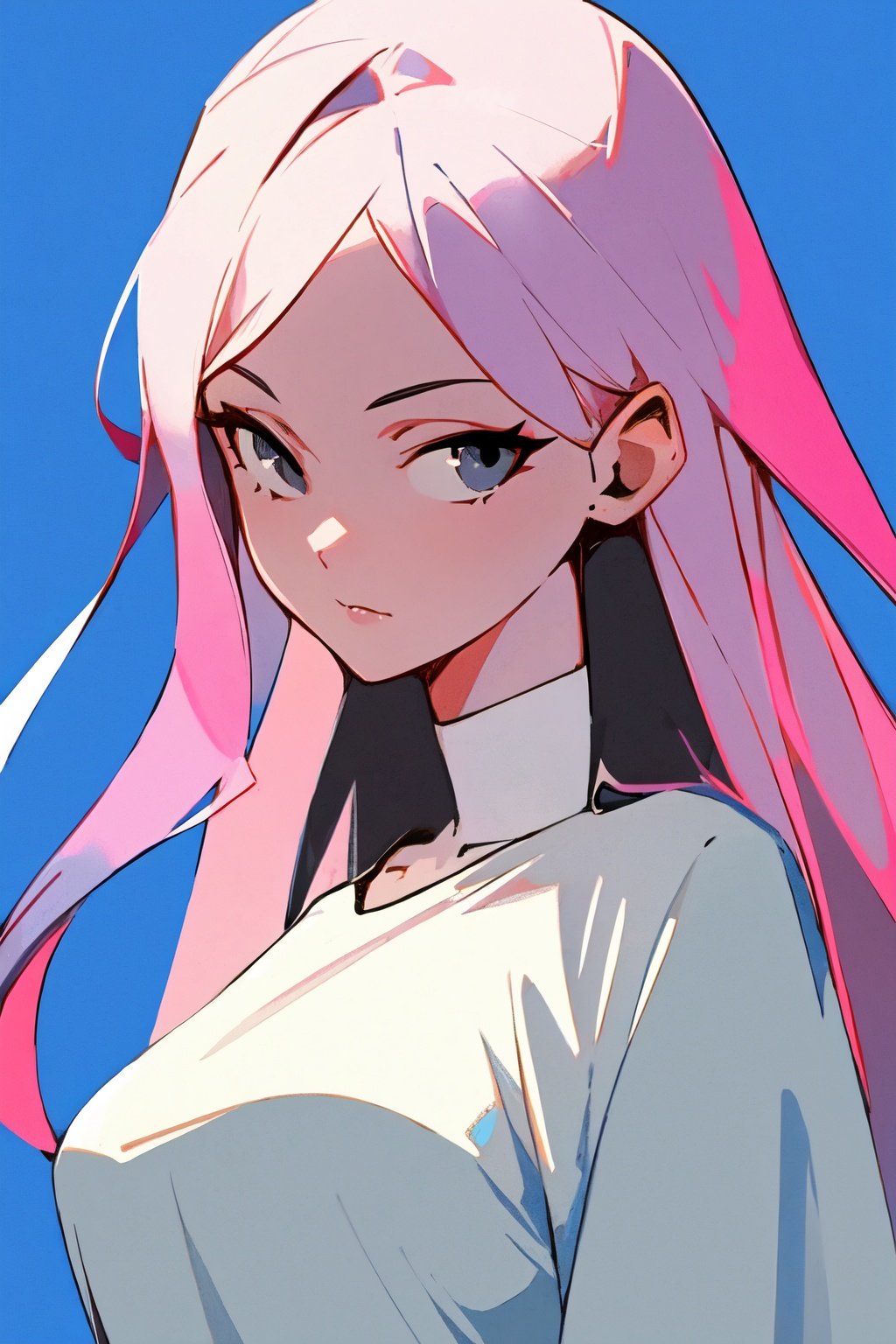 (best quality, masterpiece:1.2), 1girl, (long pink hair:1.1), detailed eyes, black eyes, white clothes,  <lora:fashionstyle-000004:0.8>, upper body, looking at viewer, (blue  background:1.1)