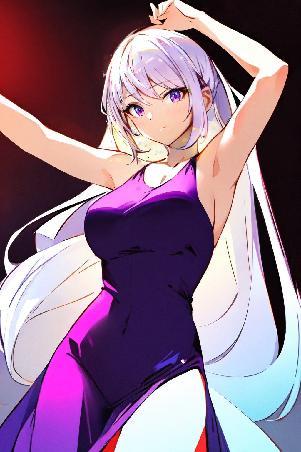 (best quality, masterpiece:1.2), 1girl, long white hair, purple clothes,  <lora:fashionstyle-000004:0.8>, upper body, dancing, 