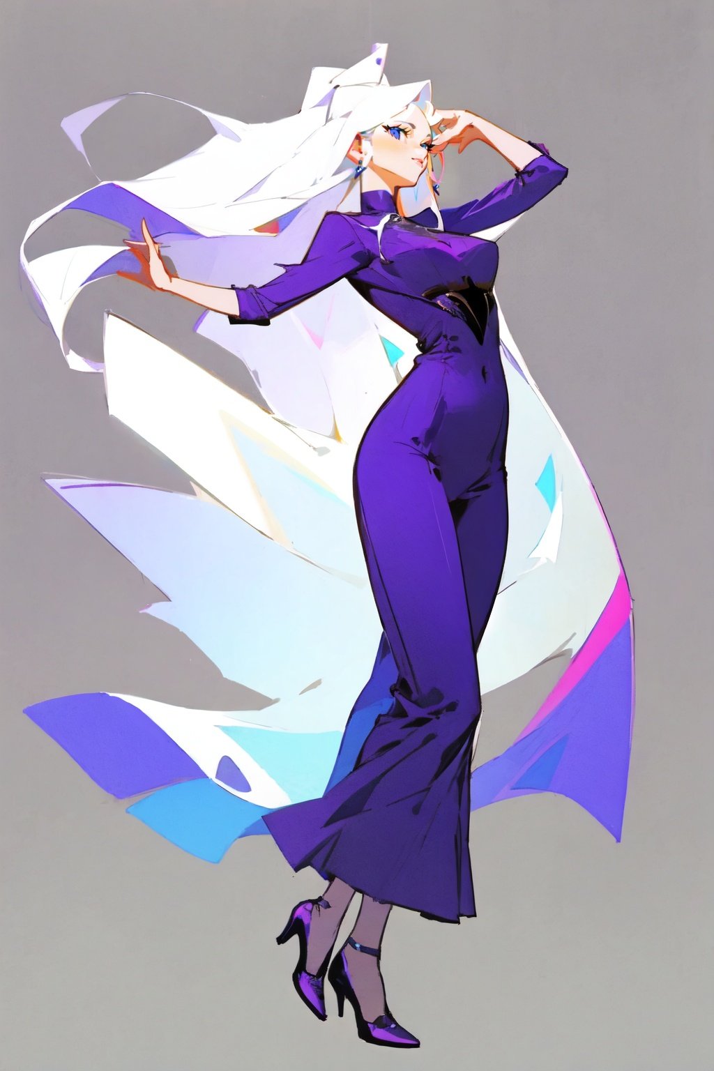 (best quality, masterpiece:1.2), 1girl, long white hair, purple clothes,  <lora:fashionstyle-000004:0.8>, full body, dancing, 