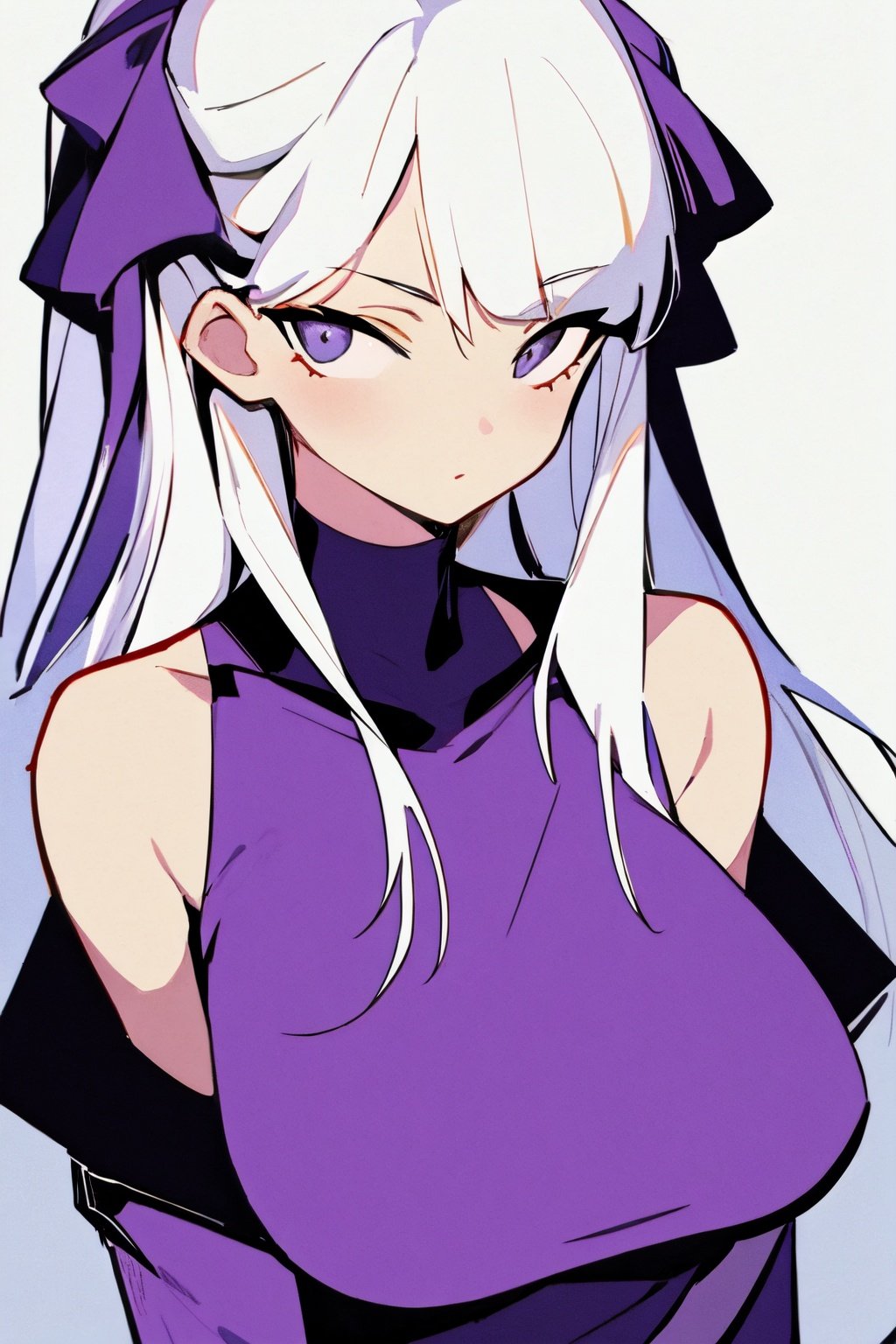 (best quality, masterpiece:1.2), 1girl, long white hair, purple clothes,  <lora:fashionstyle-000004:0.8>, upper body, looking at viewer, white background