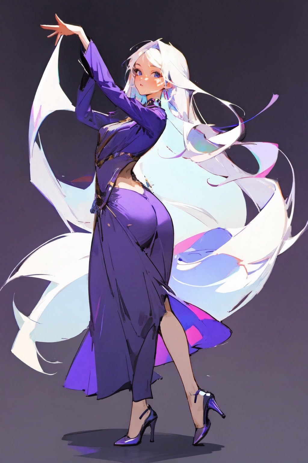 (best quality, masterpiece:1.2), 1girl, long white hair, purple clothes,  <lora:fashionstyle-000004:0.8>, full body, dancing, 