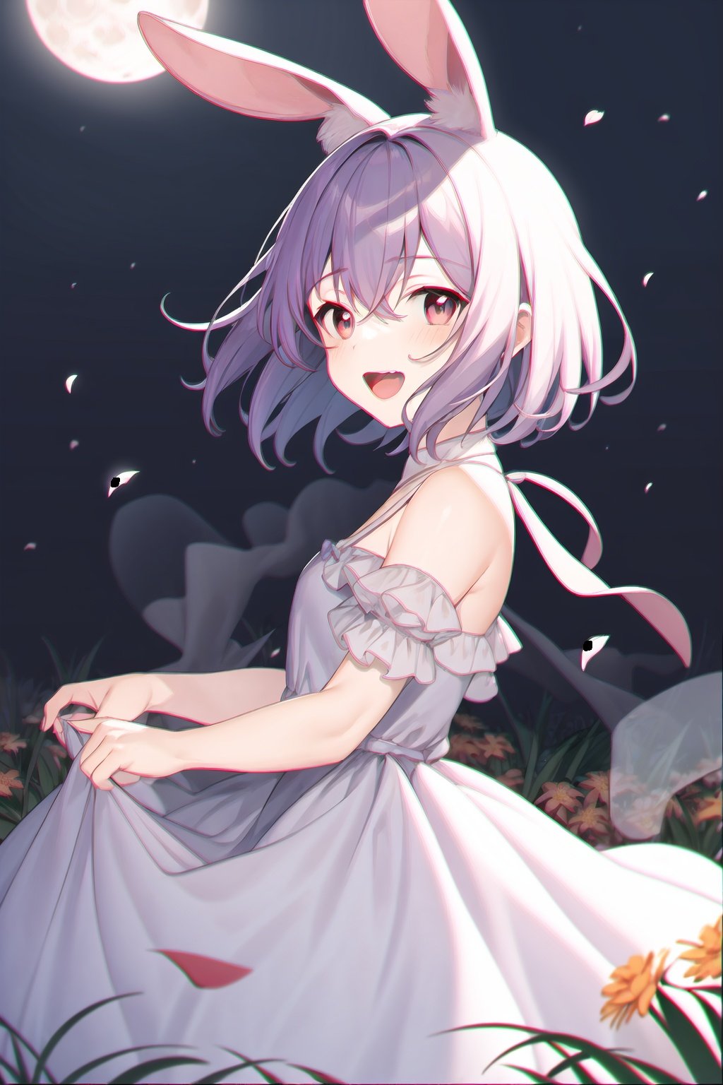 (masterpiece, best quality:1.2), illustration, absurdres, highres, extremely detailed, 1 petite girl, white short hair, rabbit ears, red eyes, eye highlights, dress, short puffy sleeves, frills, outdoors, flower, fluttering petals, upper body, (moon:1.2), night, depth of field, (:d:0.8), chromatic aberration abuse,pastel color, Depth of field,garden of the sun,shiny,Purple tint,(Purple fog:1.3) <lora:ChromaticAberration:1>