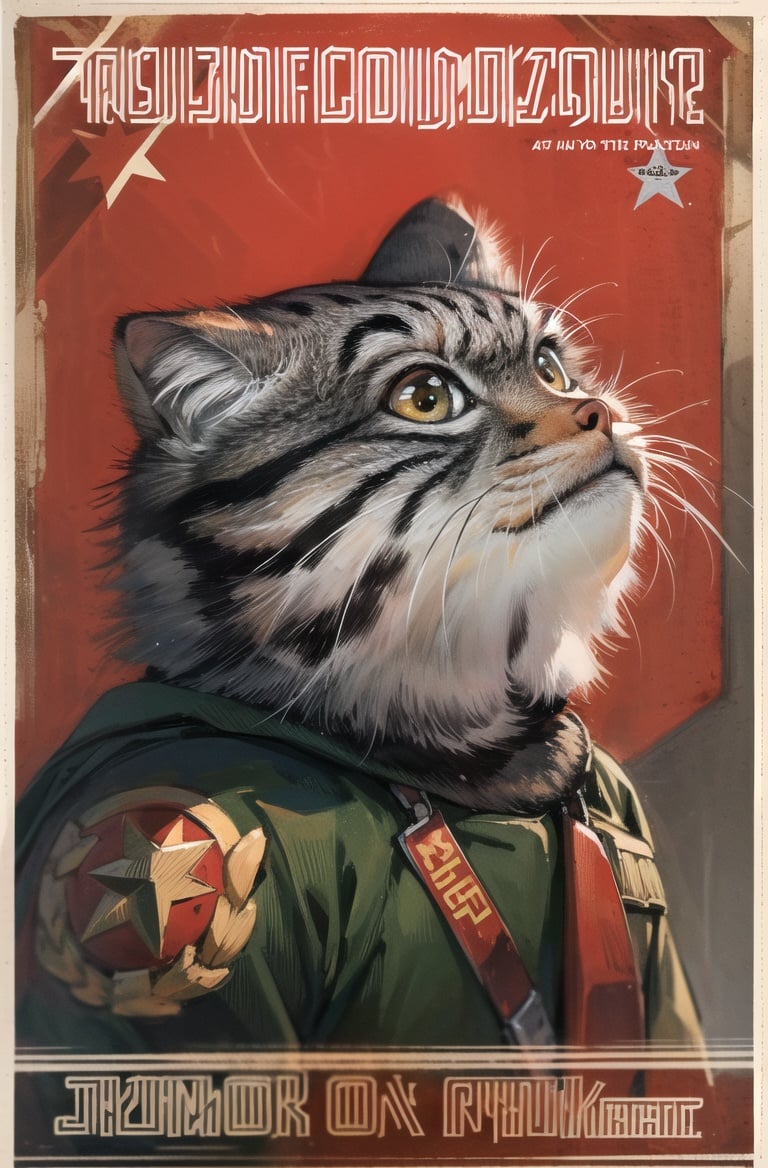 masterpiece,hires, solo, manul,manulcat,pallasscat,tusun, <lora:Manul:0.8>,red star,uniform,retro sci-fic,(Propaganda of communist ideology poster:1.3)