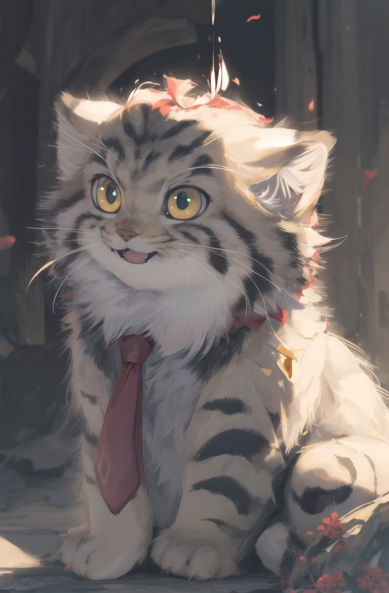 (masterpiece, best quality:1.3),highres,perfect lighting,4k,big eyestusun,pallasscat,manul,manulcat,smile,(kitten:1.2),red tie<lora:Manul:0.7>