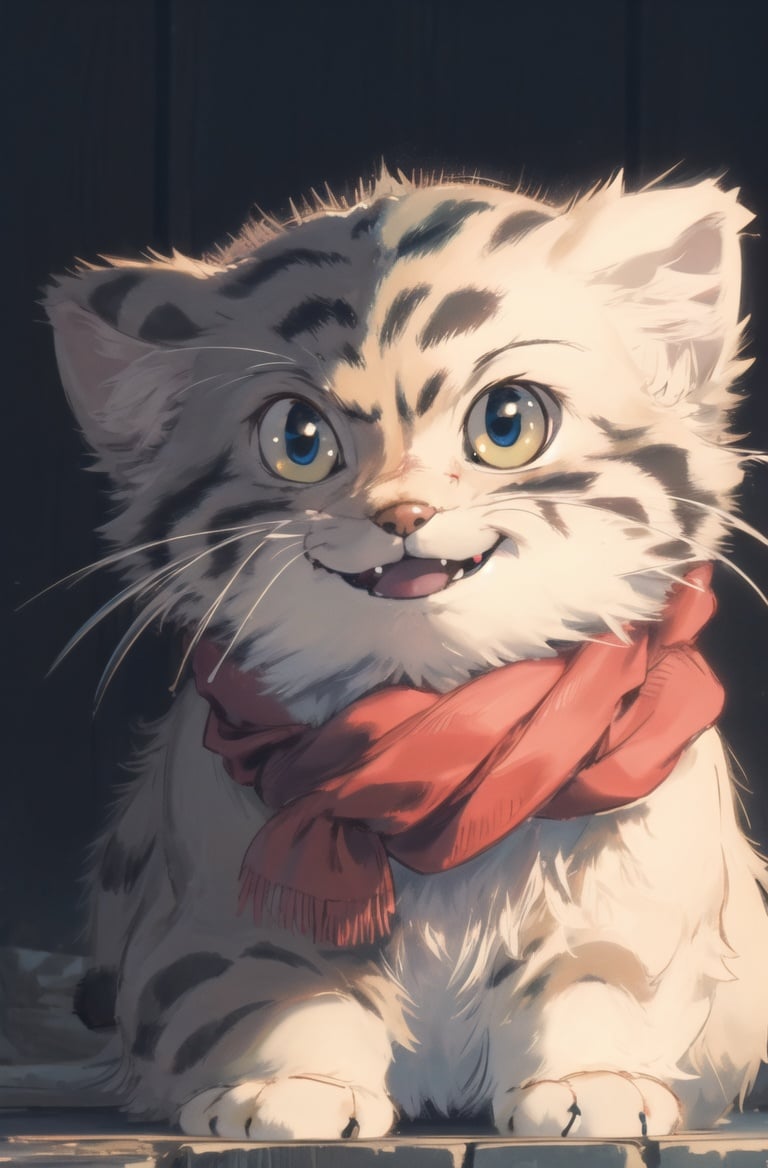 (masterpiece, best quality:1.3),highres,perfect lighting,4k,big eyestusun,pallasscat,manul,manulcat,smile,(kitten:1.2),red scarf,looking at viewer, <lora:Manul:0.8> <lora:90sv1:0.3>