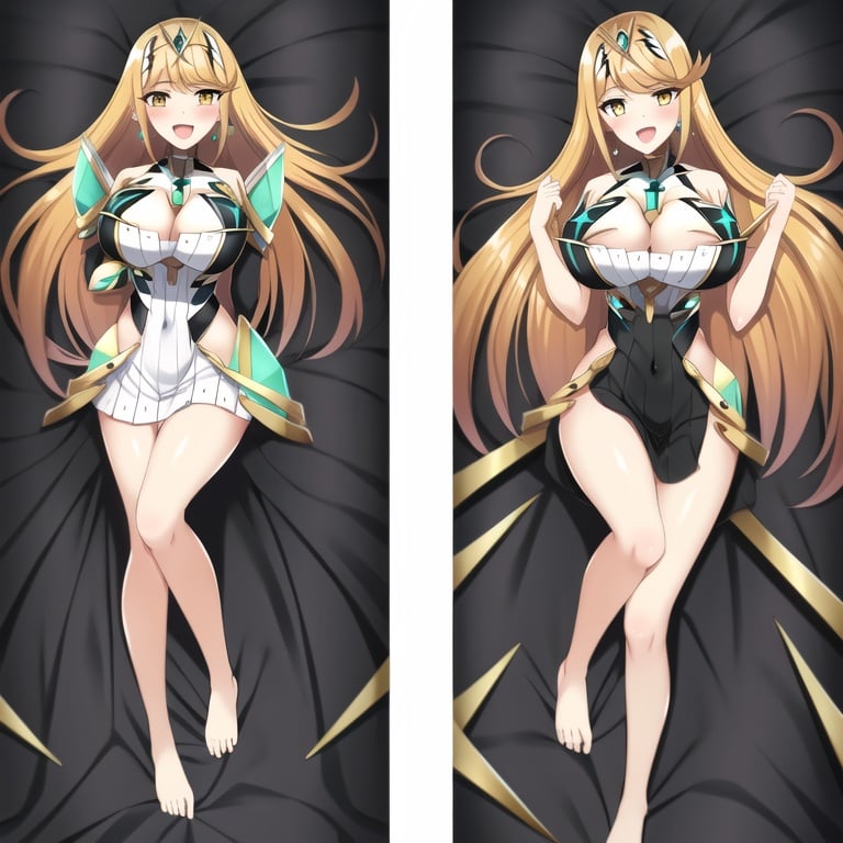 1girl, breasts, blonde hair, long hair, large breasts, dakimakura (medium), mythra (xenoblade), dress, cleavage, yellow eyes, smile, multiple views, jewelry, bangs, barefoot, open mouth, white dress, looking at viewer, tiara, very long hair, bare shoulders, full body, :d, blush, lying, bare legs, swept bangs, on back, bed sheet, earrings, black dress, chest jewel, gem, covered navel