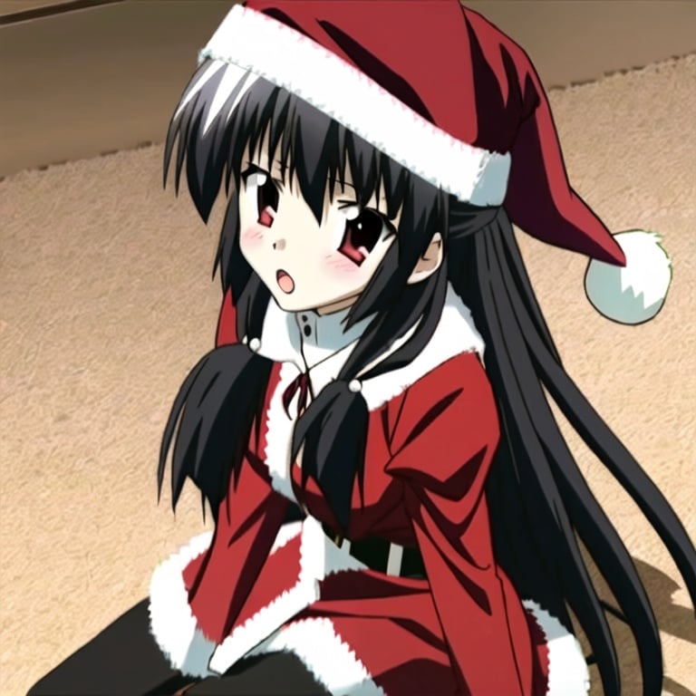 1girl, long hair, black hair, santa costume, hat, santa hat, solo, red eyes, sitting, christmas, :o, open mouth, blush