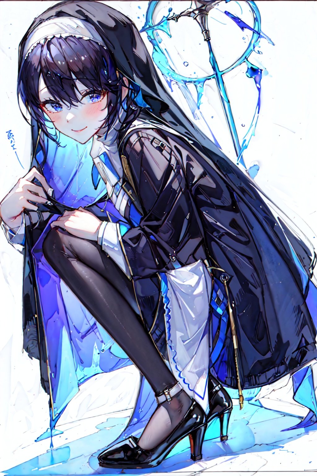 masterpiece, best quality, 1girl,<lora:DLK-000014:0.3:OUTALL> <lora:WhiteSkin:0.5:OUTALL> <lora:Watercolor:0.9:OUTALL>watercolor \(medium\),jacket,smile,black hair,nun,high heels,pantyhose