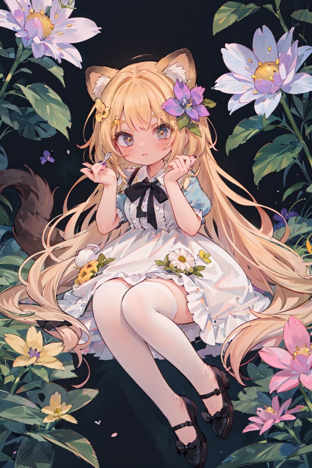 animal ears, solo, long hair, dress, food, flower, cookie, looking at viewer, hair flower, full body, very long hair, yellow nails, hair ornament, bangs, blush, puffy sleeves, white thighhighs, bow, brown eyes, blue flower, white dress, long sleeves, fruit, blonde hair, yellow flower, hair bow, animal ear fluff, black shoes, nail polish, short sleeves, checkerboard cookie, spoon, shoes, hands up, ribbon, tail, purple flower, eyebrows visible through hair, puffy short sleeves, white flower, black bow, covering mouth, orange nails, covered mouth, masterpiece, best quality,  <lora:normal_cute:1>