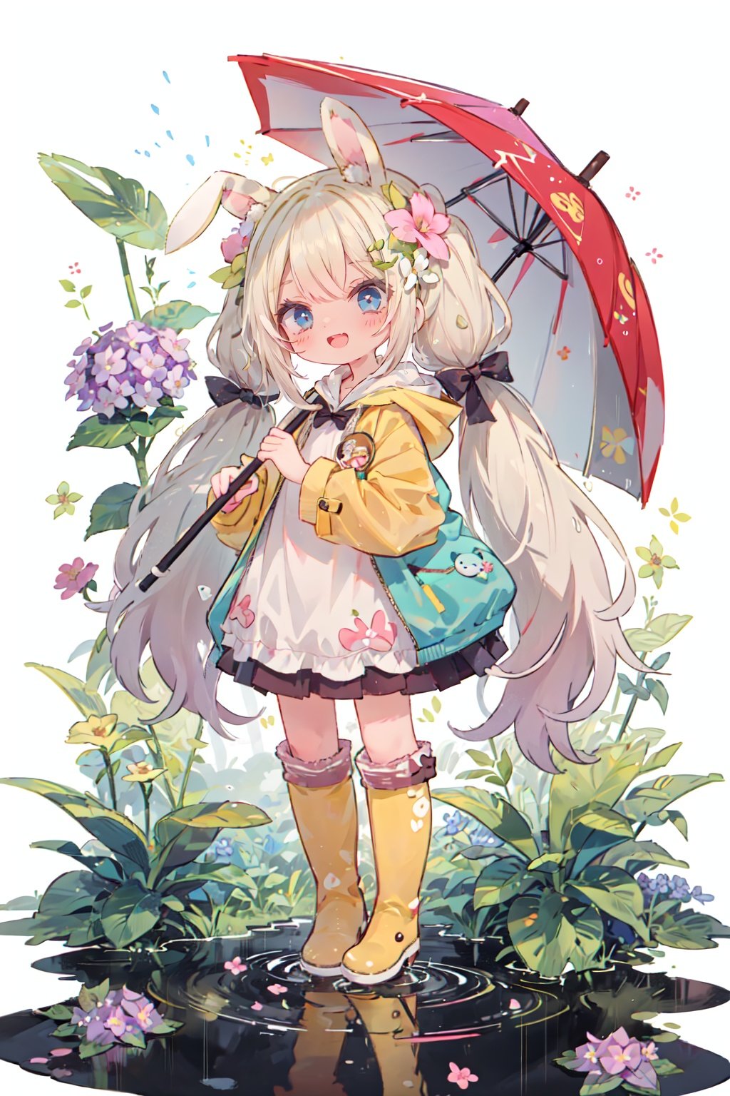 1girl,rainbow,raincoat,yellow raincoat,rubber boots,hydrangea,flower,long hair,twintails,boots,blush,umbrella,open mouth,hair ornament,white background,hood,solo,teruterubouzu,very long hair,hood up,long sleeves,low twintails,bow,bangs,smile,animal hood,blue eyes,rabbit,closed umbrella,puddle,full body,:d,snail,yellow footwear,simple background,pink flower,standing,leaf umbrella,holding umbrella,food-themed hair ornament,hair bow,animal ears,holding,blonde hair,hair flower,rain,animal, <lora:normal_cute:1>