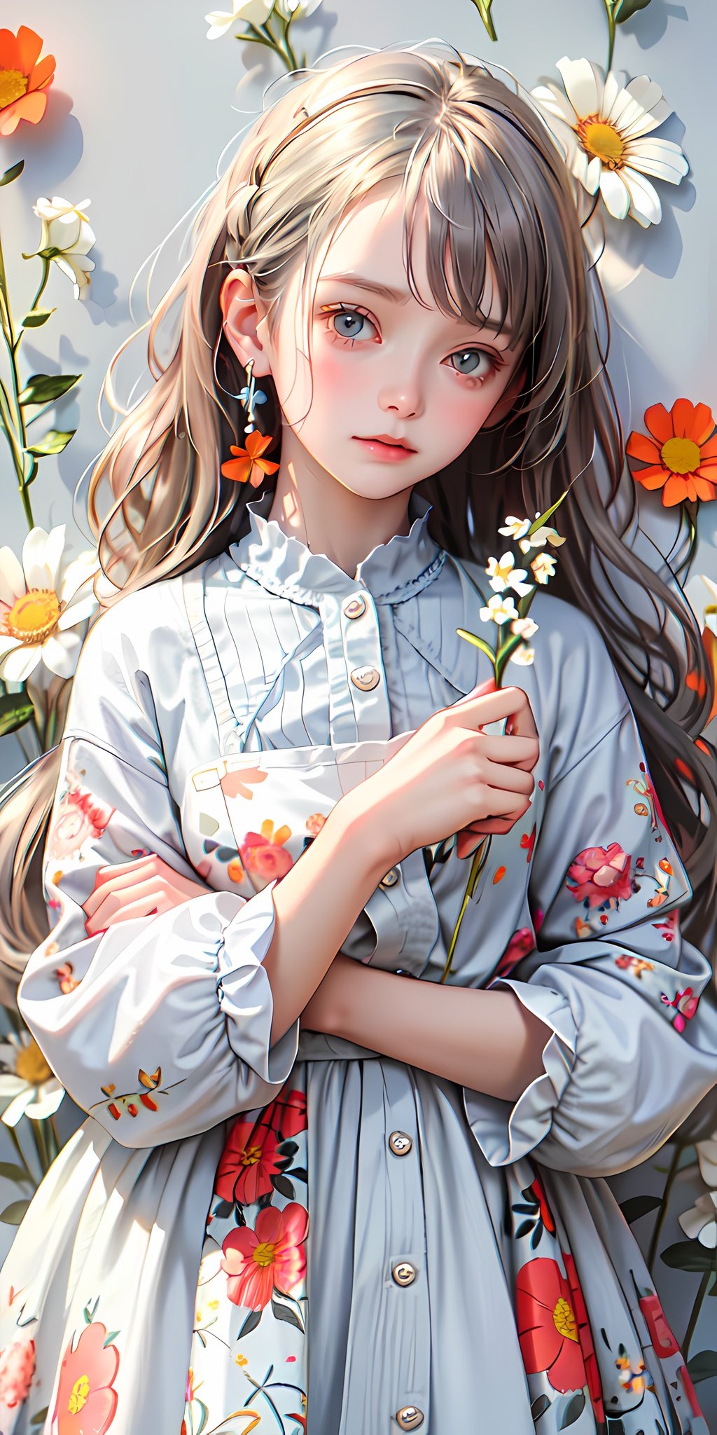 nijicute, 1girl, an anime fb girl in floral print, in the style of light silver and light blue, dreamlike portraiture, dark white and light orange, marguerite blasingame, cottagecore, charles spencelayh, serge marshennikov