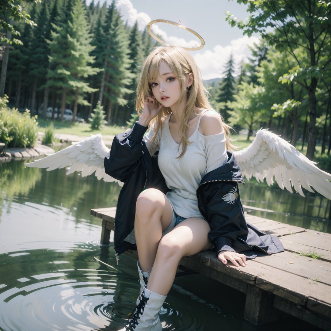 angel, blonde hair, flipped hair, halo, big wings, feathers, casual clothes, jacket off shoulder, boots, lake