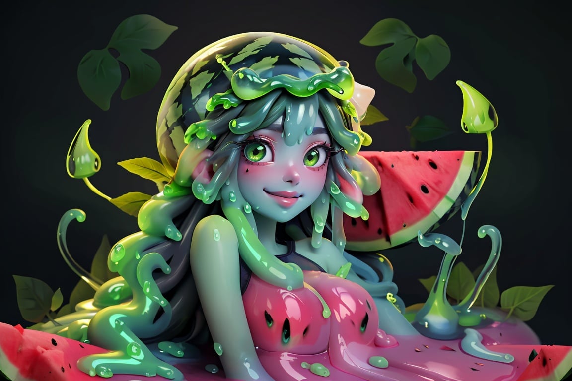 refreshing,  juicy,  sweet((solo))fruitA deep green slime girl(friendly smile) by Dr_POPE on Tensor.Art