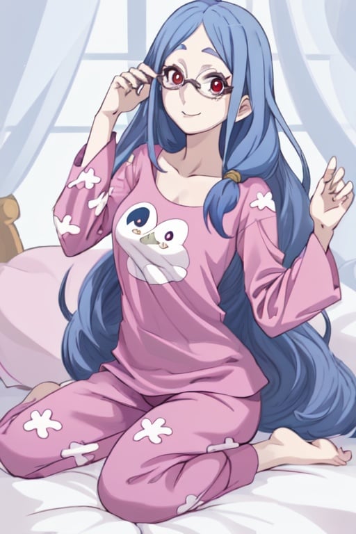 1girl, blue hair, glasses, Ursula callistis, long hair,animestyle, red eyes, happy,pijama