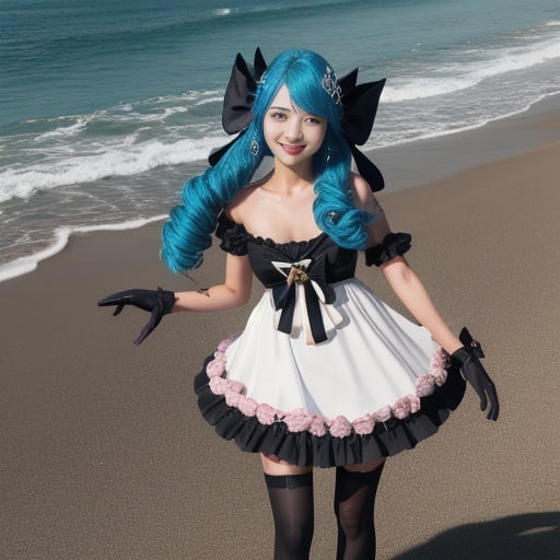 full body,beach,1girl,absurdres,black bow,black gloves,black legwear,blue eyes,blue hair,bow,collarbone,dress,drill hair,frilled dress,frills,gloves,gwen \(league of legends\),hair ornament,highres,league of legends,long hair,parted lips,puffy sleeves,pink pupils,smile,solo,white dress,x,x hair ornament, <lora:格温cosV2:1>