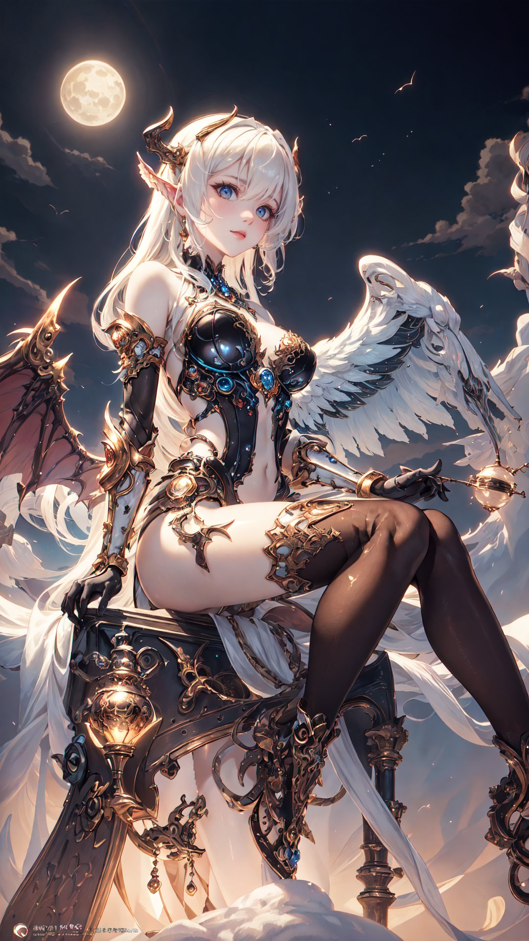 cbpkv5,((best quality)), ((masterpiece)), (detailed), alluring succubus, ethereal beauty, perched on a cloud, (fantasy illustration:1.3), enchanting gaze, captivating pose, delicate wings, otherworldly charm, mystical sky, (Luis Royo:1.2), (Yoshitaka Amano:1.1), moonlit night, soft colors, (detailed cloudscape:1.3), (high-resolution:1.2),<lora:cbpkv5:0.55>