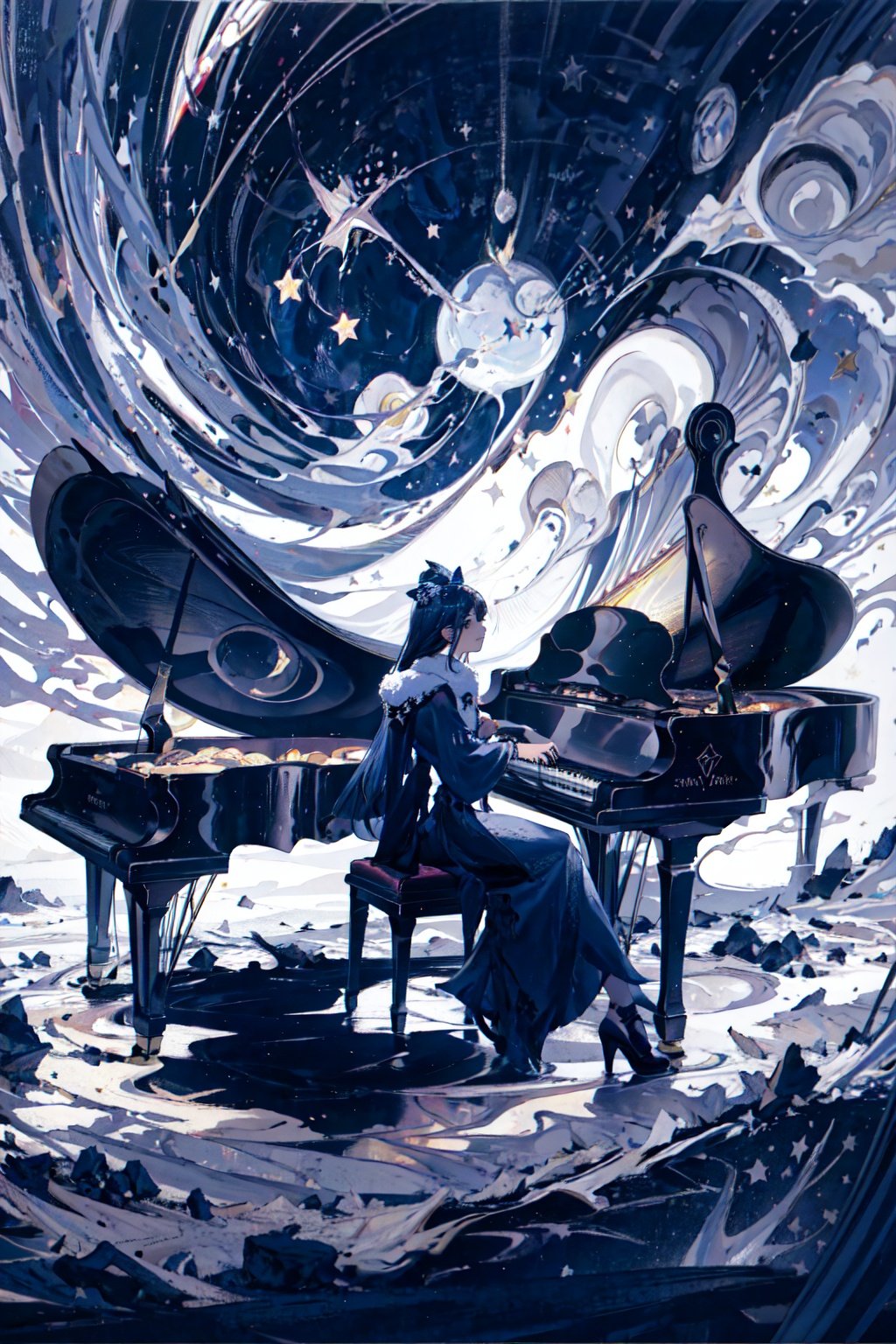 1girl, <lora:YingY:1>spill,outdoors,starry,star \(sky\), ink,sitting,grand piano, 