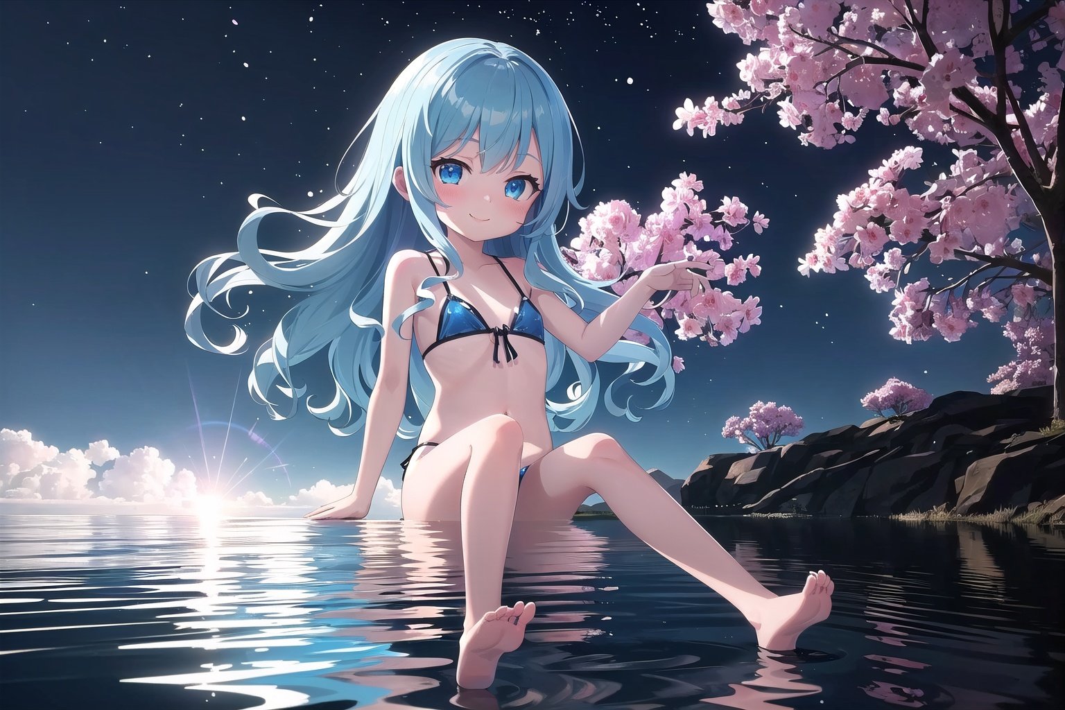 ((Movie-quality graphics))1 girl swimming in the water,  she is wearing a sky blue [(see-through|spaghetti strap bikini|nu...