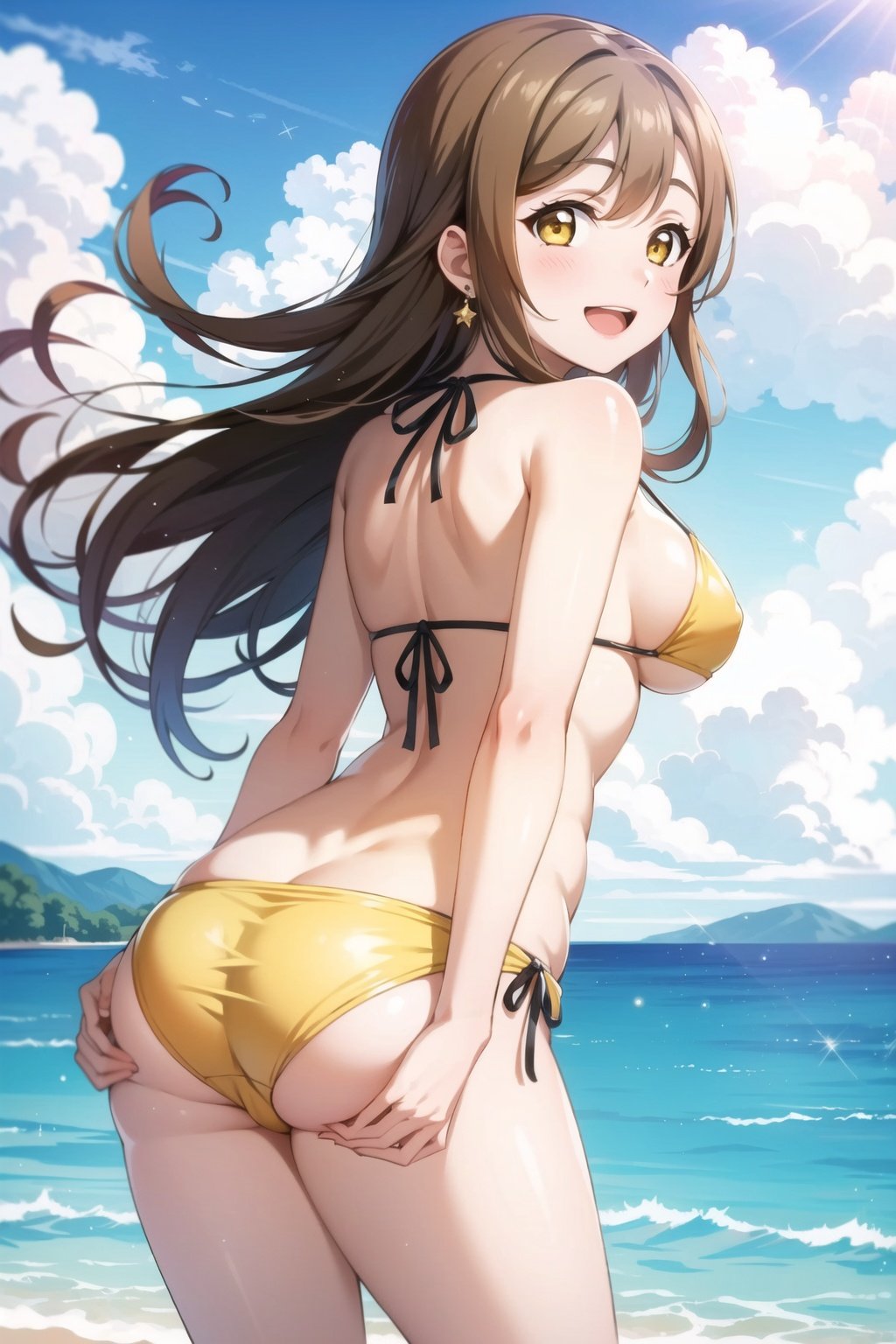 masterpiece, best quality, 1girl, solo, kunikida hanamaru, brown hair, yellow eyes, long hair,  <lora:MaruLL_v1-04:0.6>, looking at viewer, smile, open mouth,  jewelry, swimsuit,  ass, earrings, looking back, from behind, arms behind back, yellow bikini